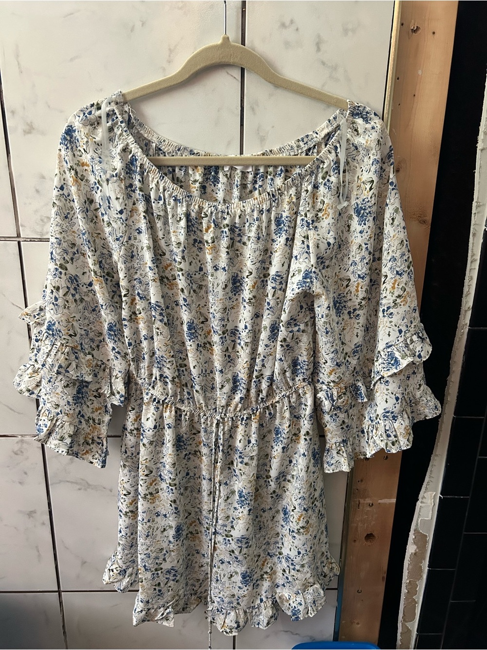 Ces Femme White Floral Mini Dress with Blue and Yellow Print